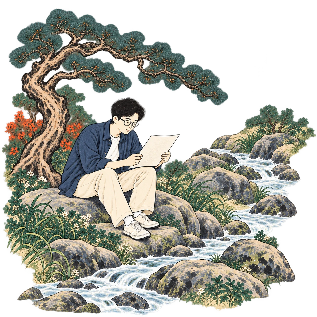Kasey leans forward beneath a pine, studying a sheet of paper held in both hands with an alert, focused expression.