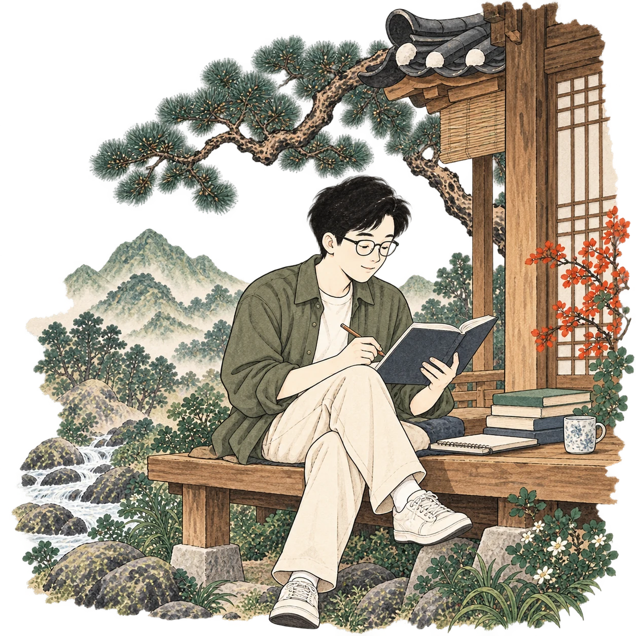 Kasey annotates an open book on a wooden porch, surrounded by books, a pine, and a mountain stream.