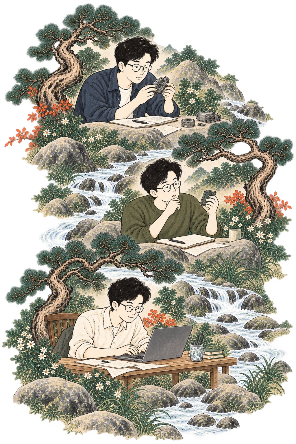 Three painted scenes connected by a stream: Kasey studies a vehicle component, considers a small electronic device, and works at a laptop.