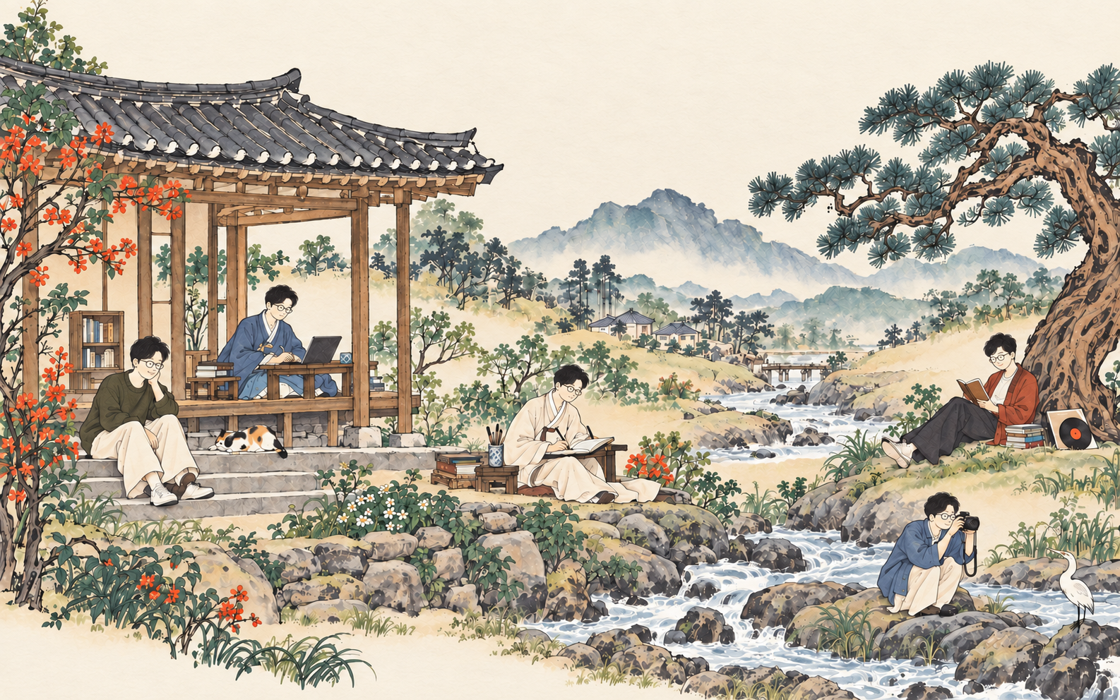 A Korean ink painting of an open study, a mountain stream, and a spreading pine. Five versions of Kasey rest, work, write, read, and take photographs in the garden.